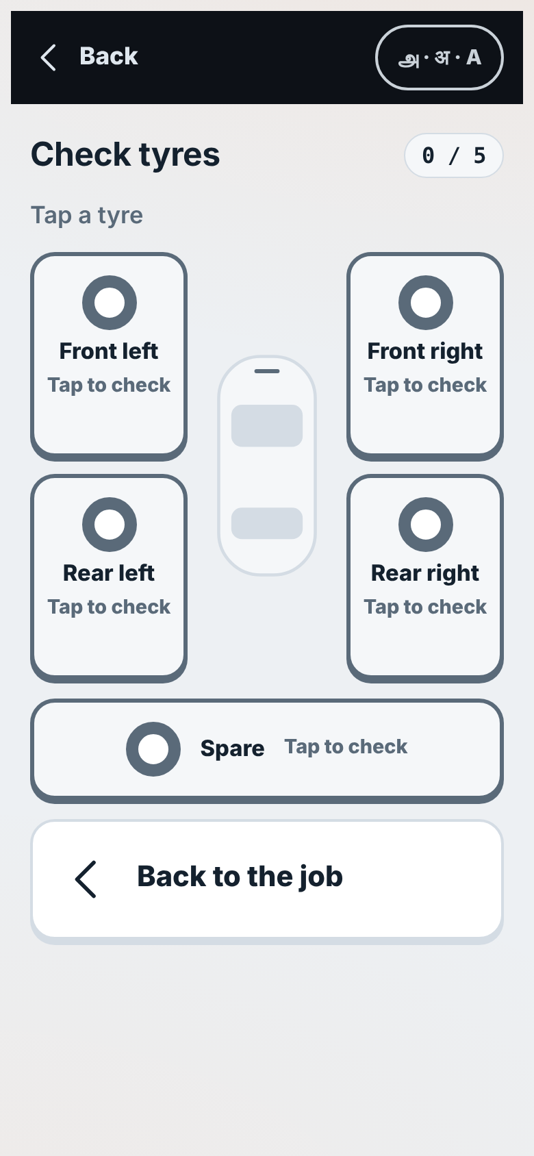 Technician's tyre check screen on a phone